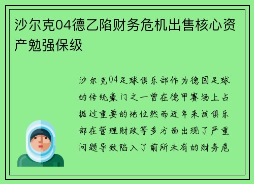 沙尔克04德乙陷财务危机出售核心资产勉强保级