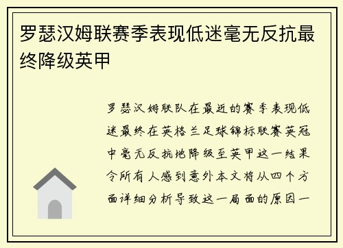 罗瑟汉姆联赛季表现低迷毫无反抗最终降级英甲 罗瑟汉姆联赛季表现低迷毫无反抗最终降级英甲