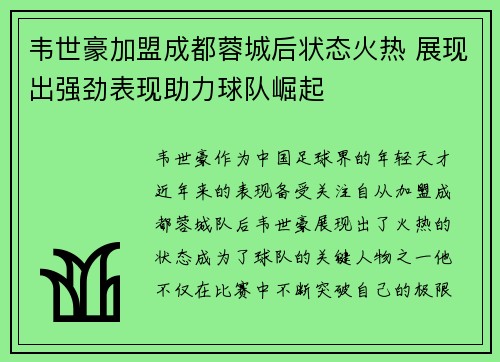 韦世豪加盟成都蓉城后状态火热 展现出强劲表现助力球队崛起